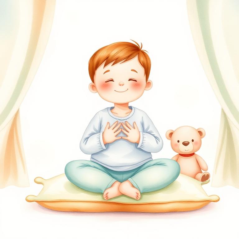 Watercolour illustration of a child sitting calmly on a cushion taking a deep breath