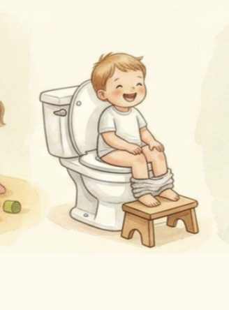 Watercolour illustration of a smiling child sitting on a toilet with a wooden step stool
